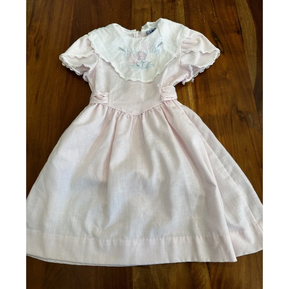 Vtg 80s Dress Girls Floral Easter‎ Prairie Bib Collar Victorian 7 Medium FLAW